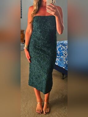 Lulus Emerald Green Strapless Lace Midi Dress 3D Floral Textured Wedding Guest M